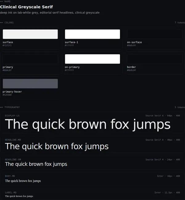 Clinical Greyscale Serif: colours and type