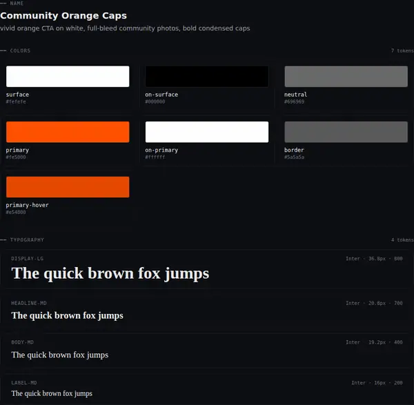 Community Orange Caps: colours and type