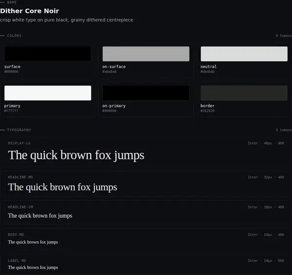 Dither Core Noir: colours and type
