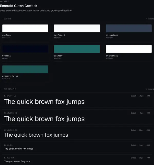 Emerald Glitch Grotesk: colours and type