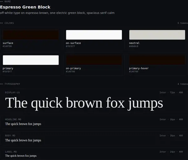 Espresso Green Block: colours and type