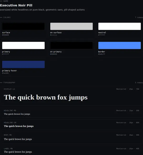 Executive Noir Pill: colours and type