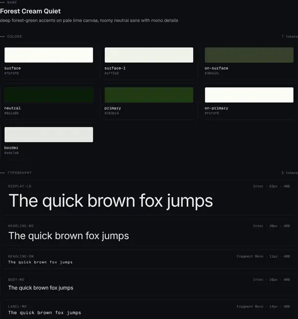 Forest Cream Quiet: colours and type