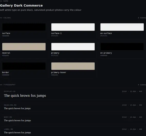 Gallery Dark Commerce: colours and type