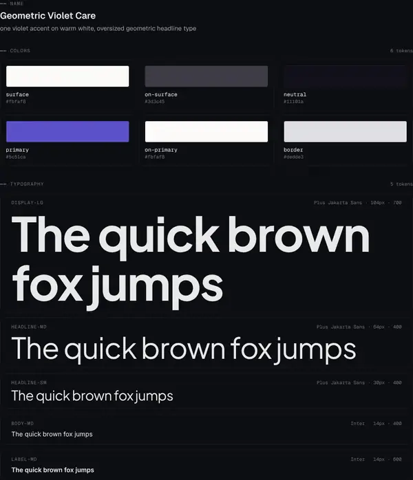 Geometric Violet Care: colours and type
