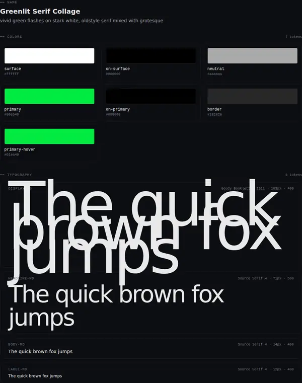 Greenlit Serif Collage: colours and type