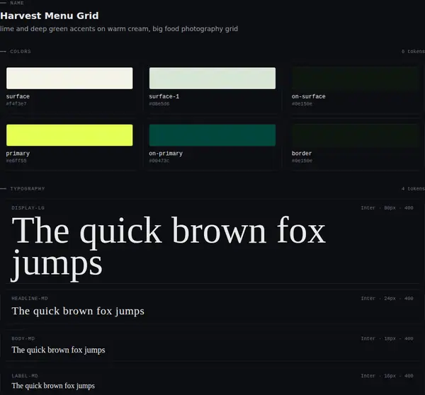 Harvest Menu Grid: colours and type