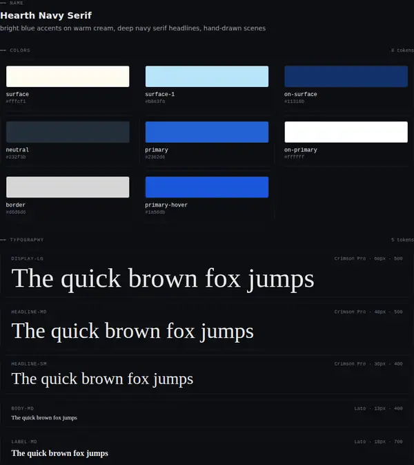 Hearth Navy Serif: colours and type