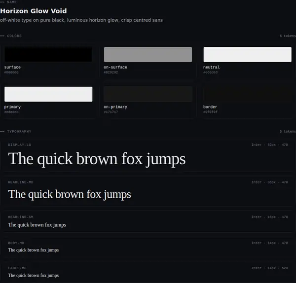 Horizon Glow Void: colours and type