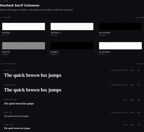 Hushed Serif Columns: colours and type