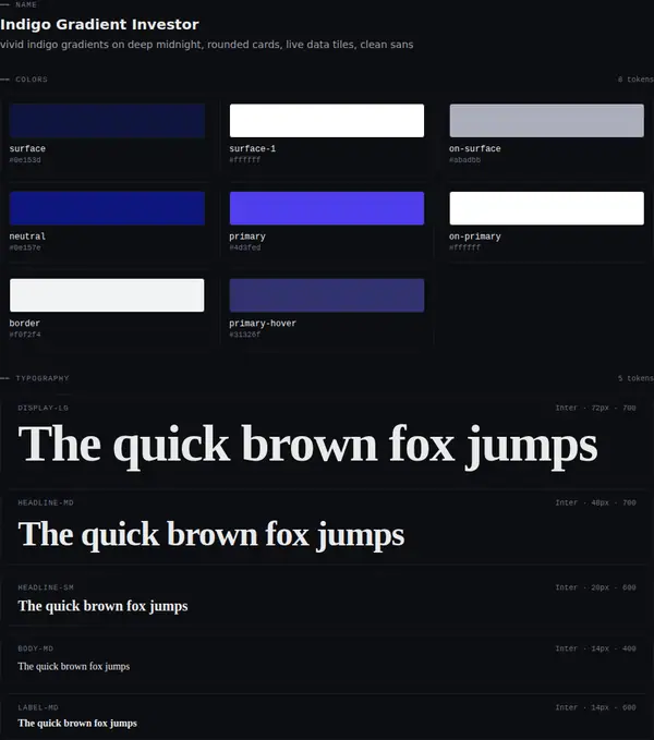 Indigo Gradient Investor: colours and type
