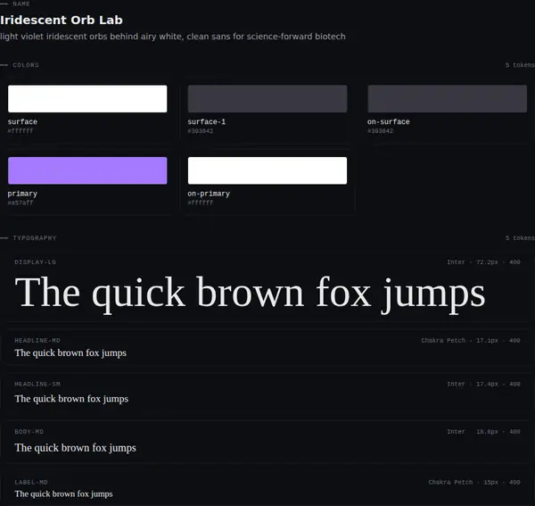 Iridescent Orb Lab: colours and type