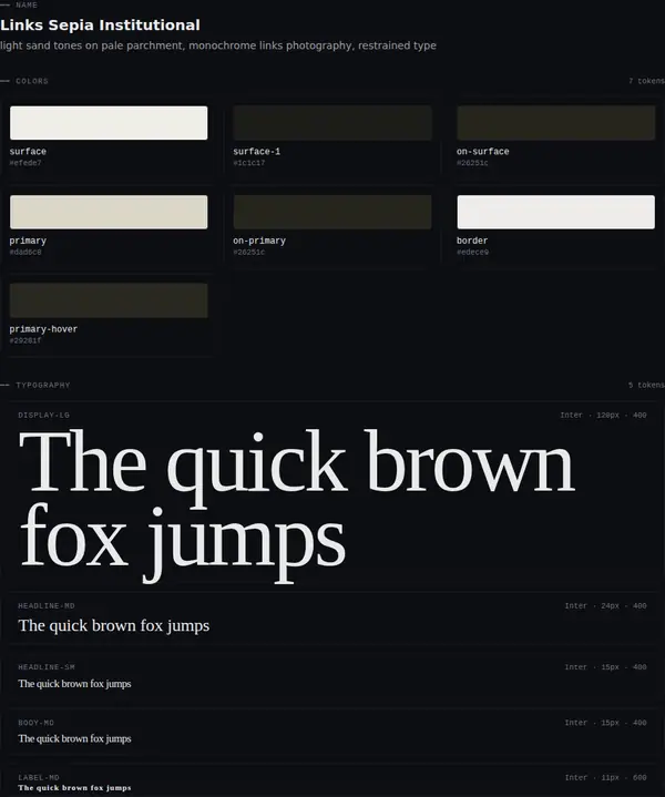 Links Sepia Institutional: colours and type
