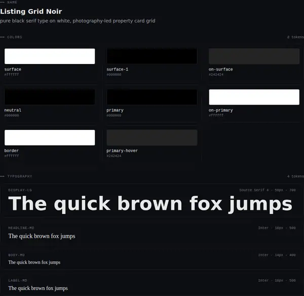 Listing Grid Noir: colours and type