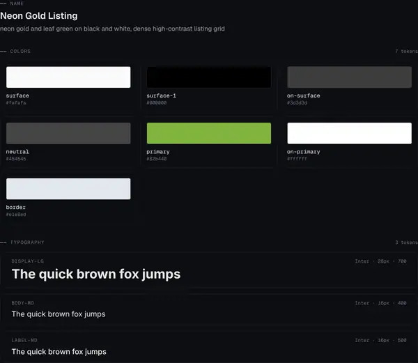 Neon Gold Listing: colours and type