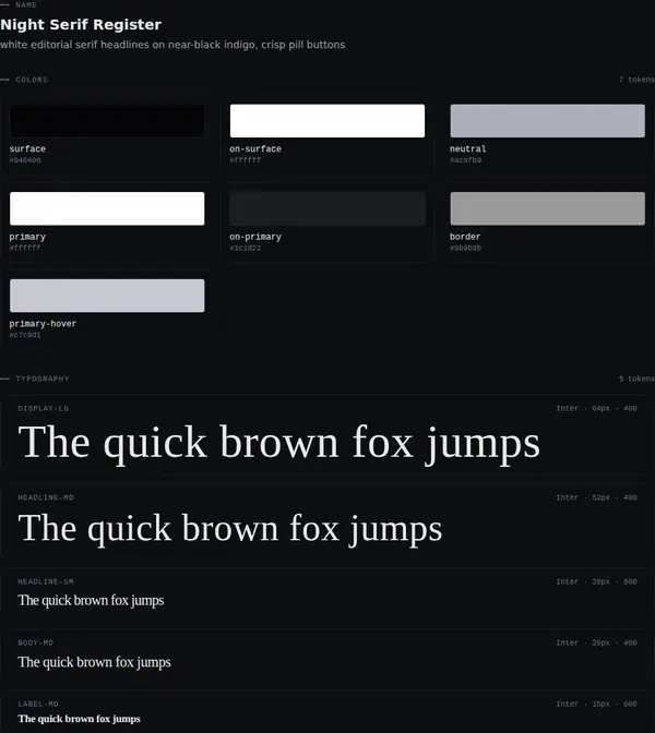 Night Serif Register: colours and type