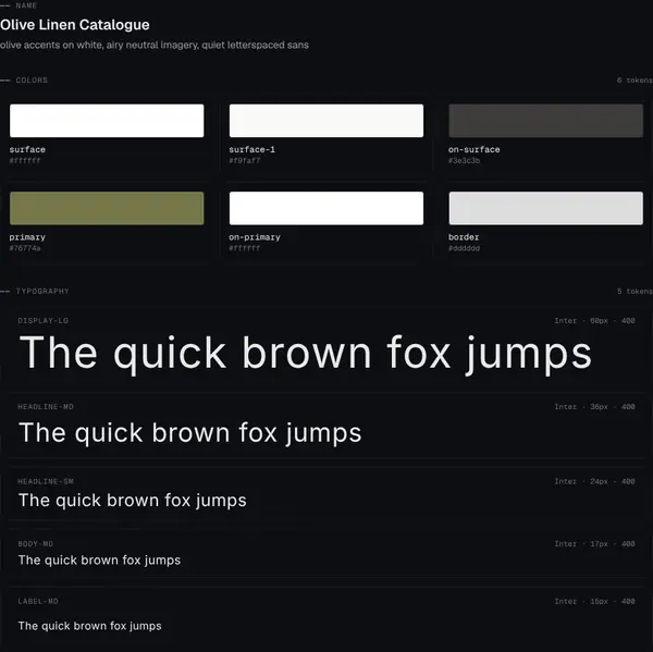 Olive Linen Catalogue: colours and type