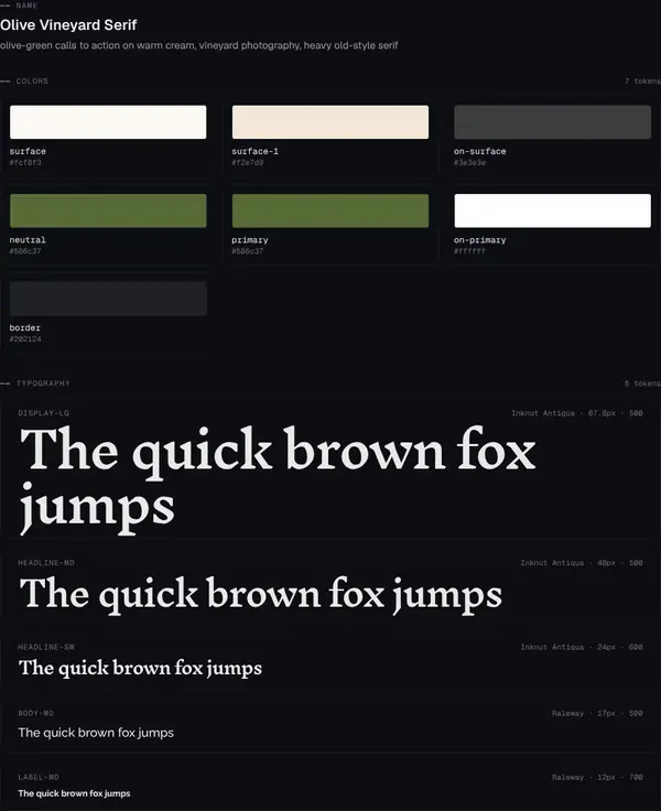 Olive Vineyard Serif: colours and type