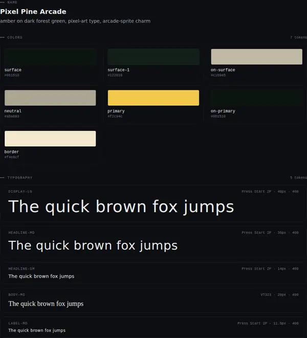 Pixel Pine Arcade: colours and type