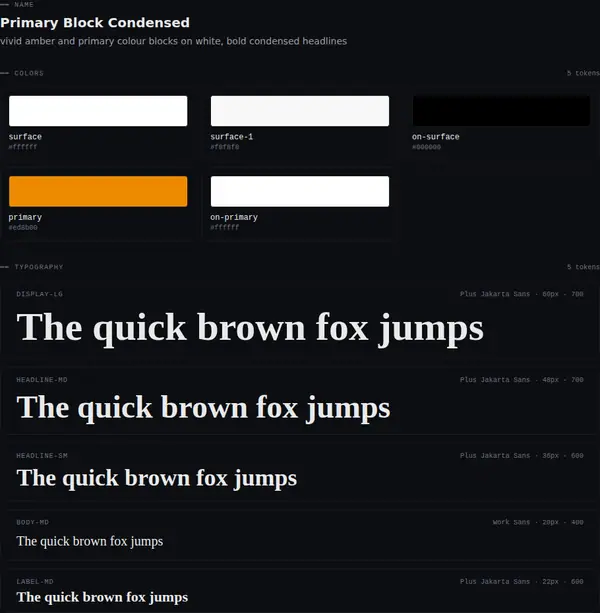 Primary Block Condensed: colours and type