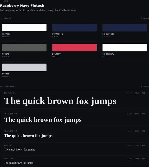 Raspberry Navy Fintech: colours and type