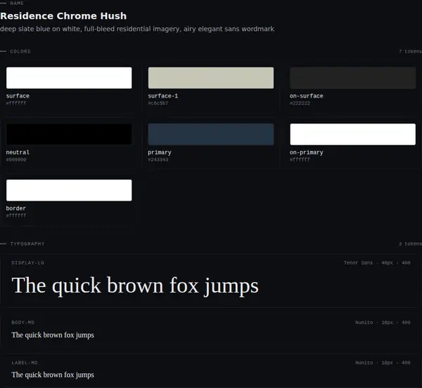 Residence Chrome Hush: colours and type