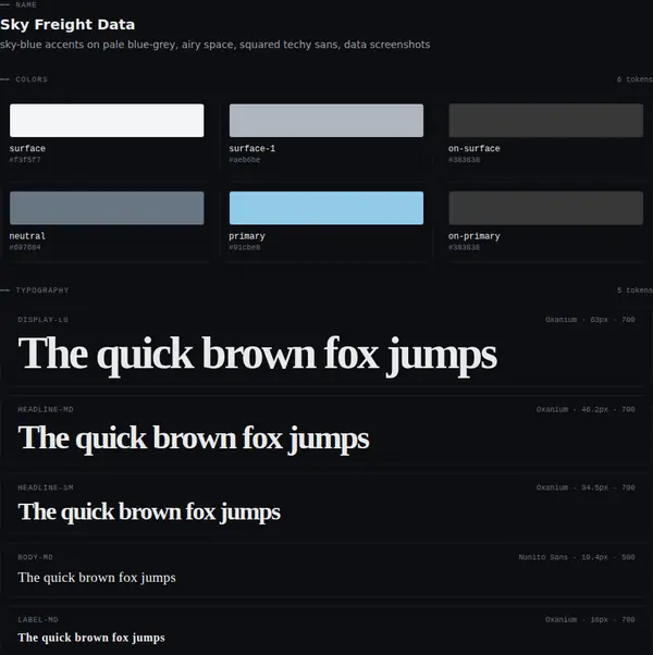 Sky Freight Data: colours and type