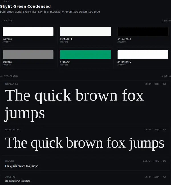 Skylit Green Condensed: colours and type