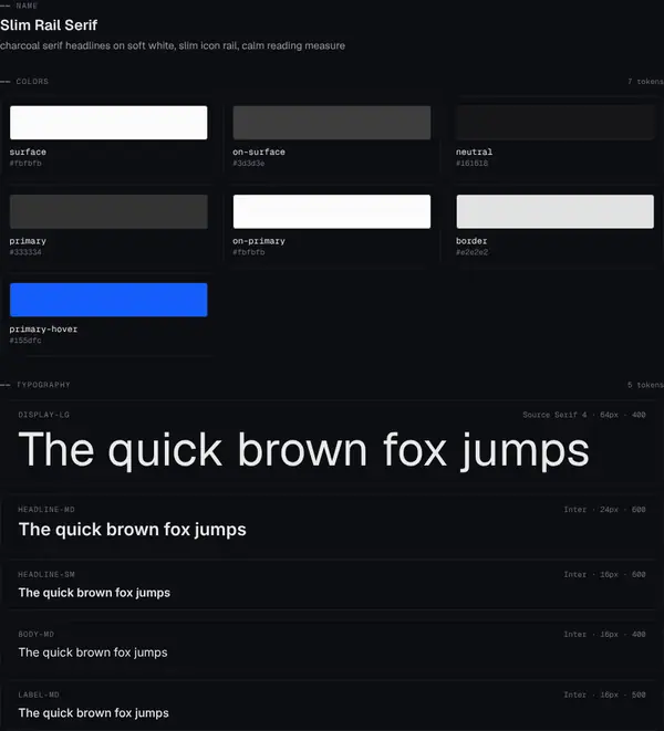 Slim Rail Serif: colours and type