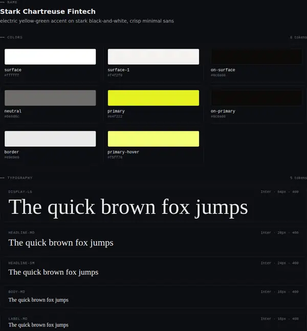 Stark Chartreuse Fintech: colours and type