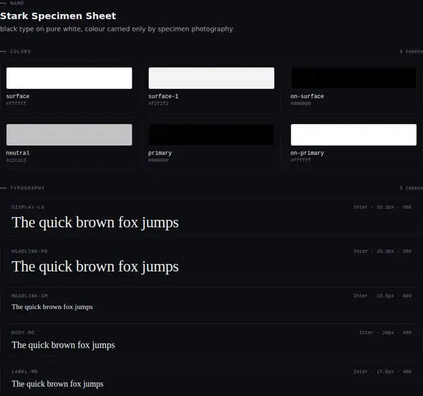 Stark Specimen Sheet: colours and type