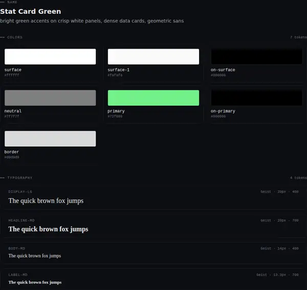 Stat Card Green: colours and type