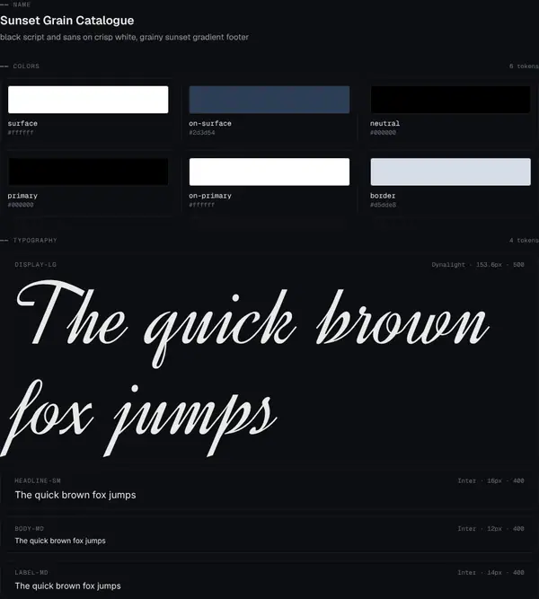 Sunset Grain Catalogue: colours and type