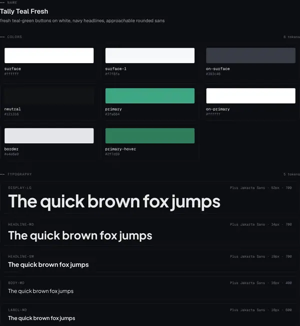 Tally Teal Fresh: colours and type
