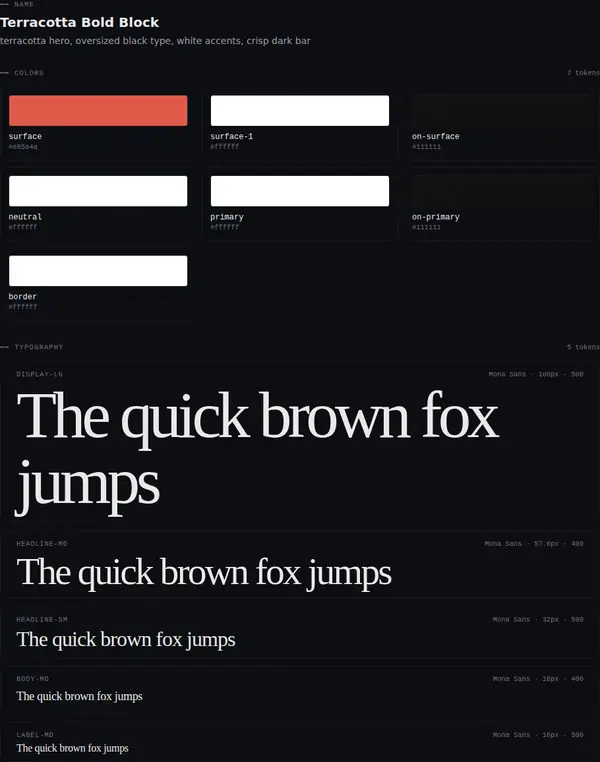 Terracotta Bold Block: colours and type