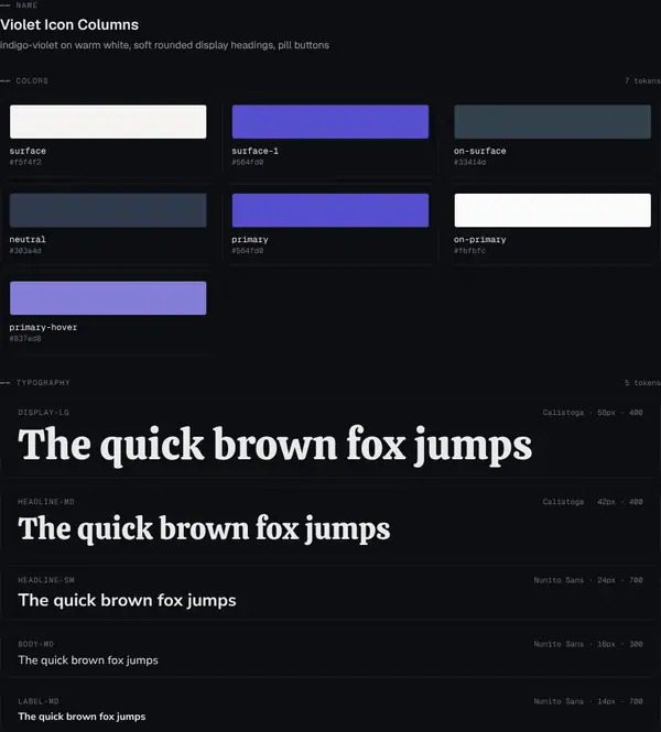 Violet Icon Columns: colours and type