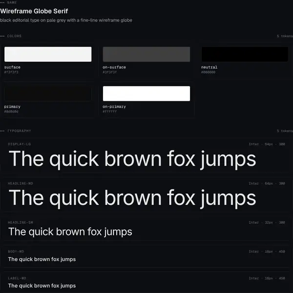 Wireframe Globe Serif: colours and type