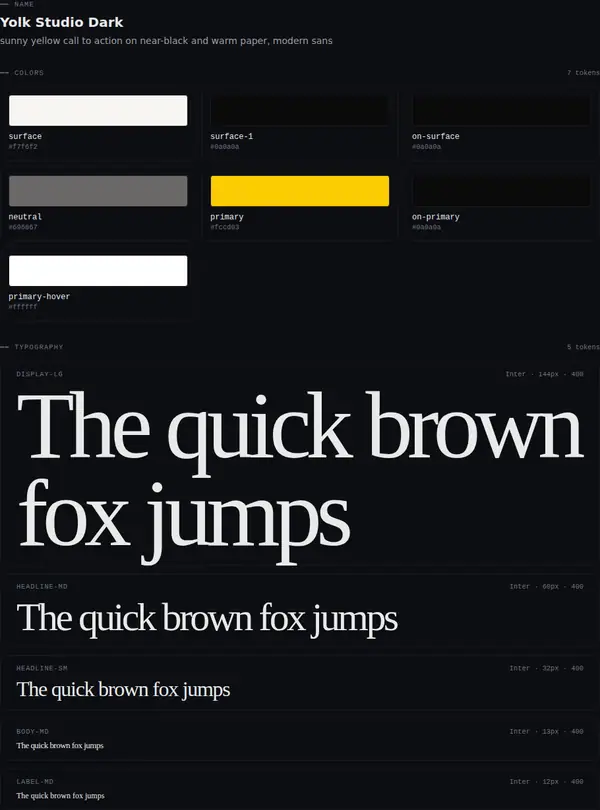 Yolk Studio Dark: colours and type
